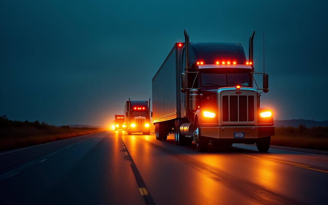 Heavy-duty Lapino Supply Chain Partners LLC fleet moving along a dark highway at dusk